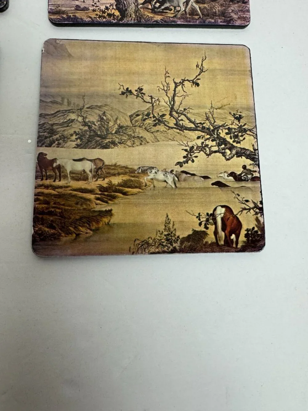 Vintage Set of 6 Decorative Coasters Asian - Inspired Pastoral Landscape Horses